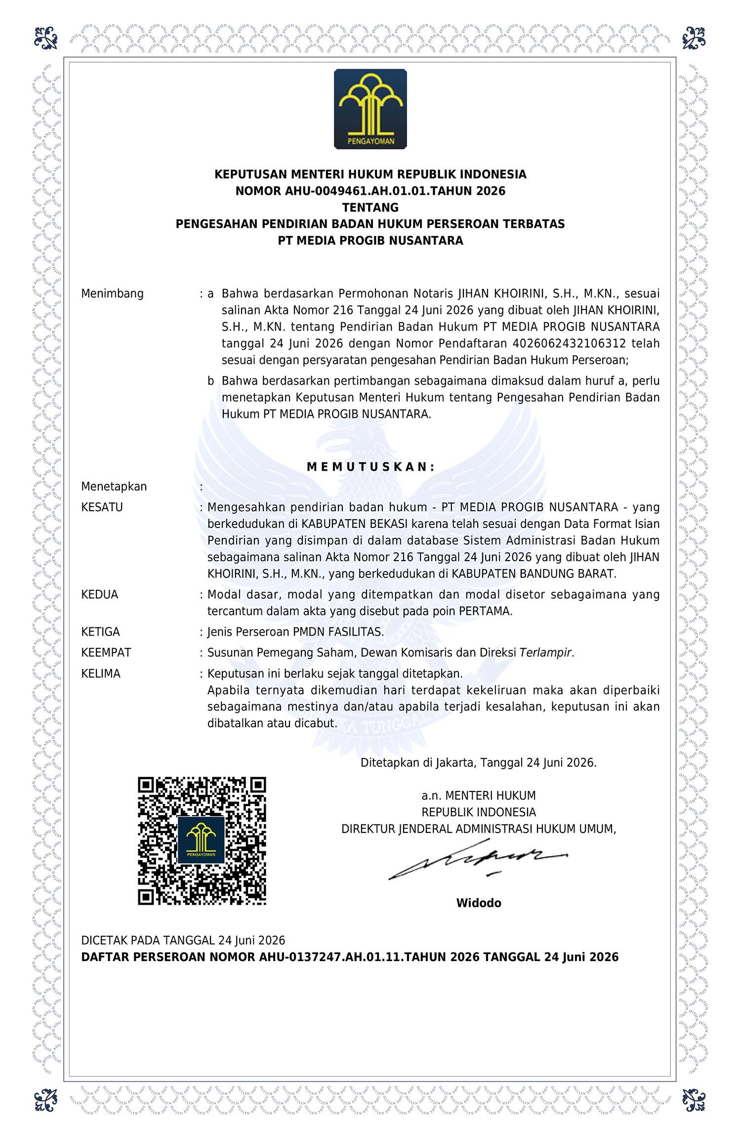 Surat Keputusan Pendirian Perseroan Surat Keputusan Pendirian Perseroan